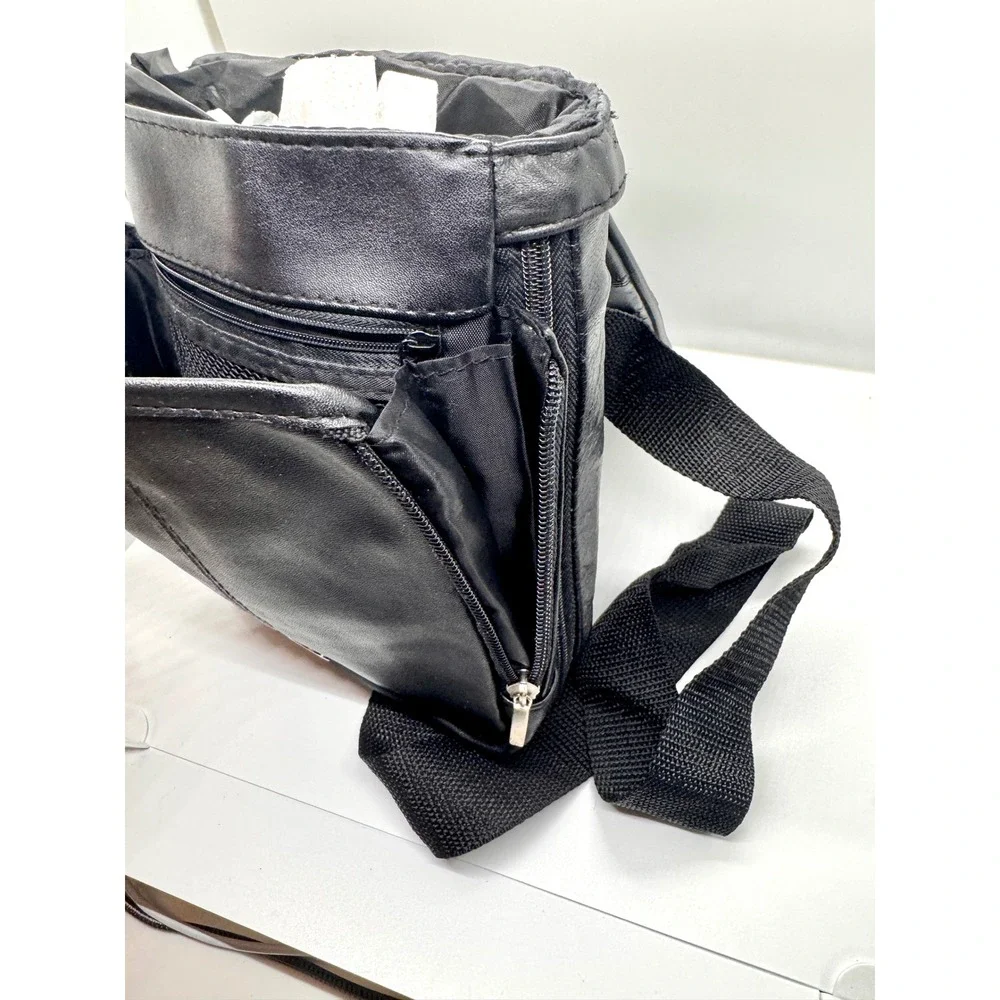 Black Leather Crossbody Sling Bag Multi Pocket Utility Messenger Travel Bag